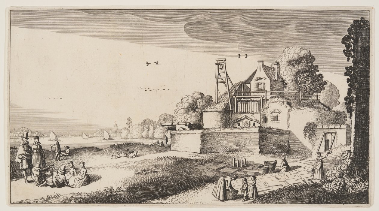 Campo blanqueado frente a un fuerte en un río, de Paisajes (Playsante Lantschappen) de Claes Jansz. Visscher II