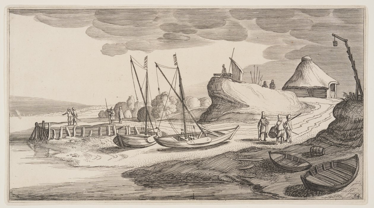 Barcos en tierra cerca de una torre vigía, de Paisajes (Playsante Lantschappen) de Claes Jansz. Visscher II