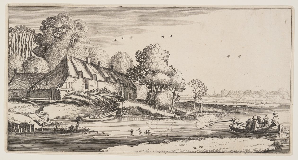 Tiro al pato desde una barca de remos cerca de una granja, de Paisajes (Playsante Lantschappen) de Claes Jansz. Visscher II