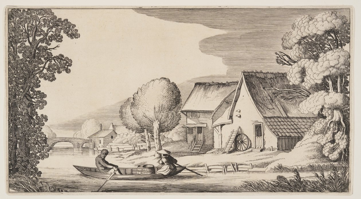 Campesino y campesina en una barca de remos, de Paisajes (Playsante Lantschappen) de Claes Jansz. Visscher II