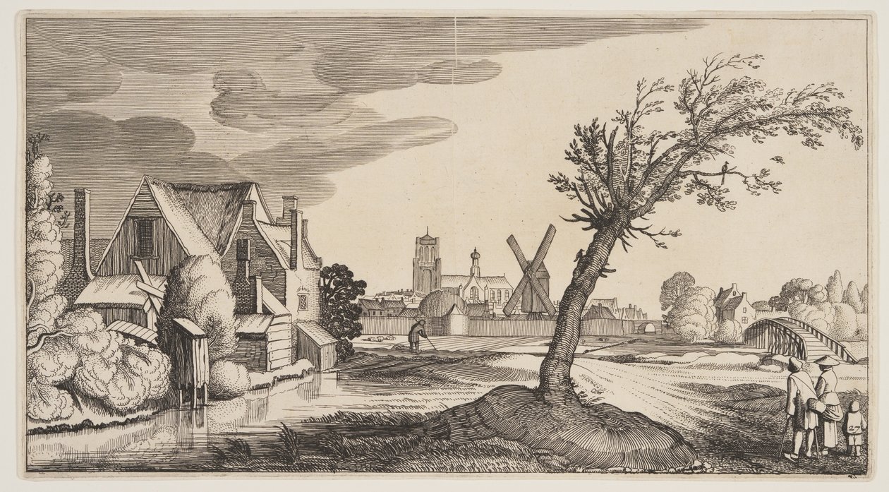 Casa en un estanque a las afueras de un pueblo, de Paisajes (Playsante Lantschappen) de Claes Jansz. Visscher II