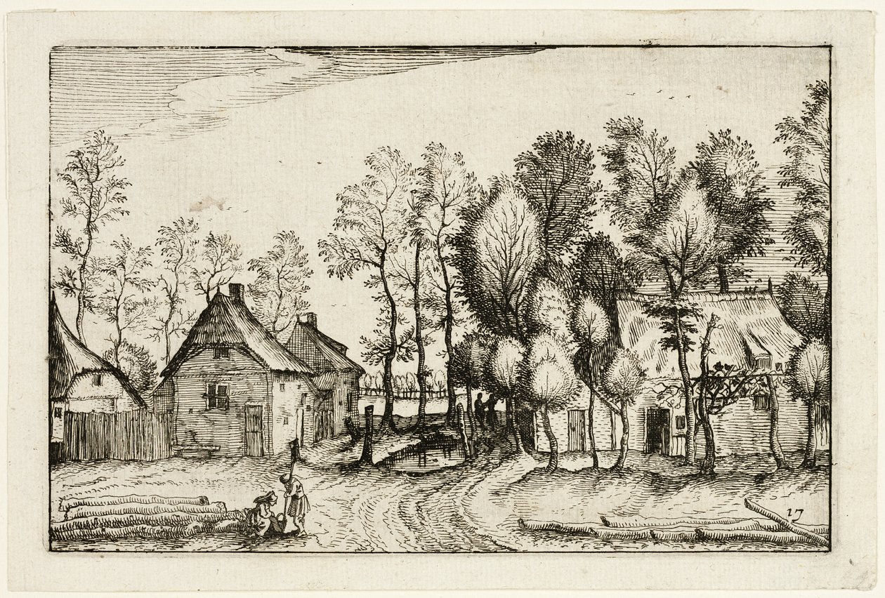 Paisaje con árboles cortados, lámina diecisiete según Cuadros de granjas, casas de campo y aldeas rústicas (Praediorum villarum et rusticarum casularum icones) de Claes Jansz. Visscher II