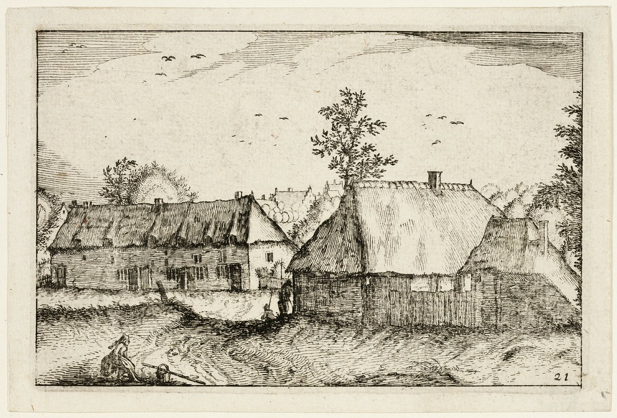 Grandes cobertizos, lámina 21 después de Cuadros de granjas, casas de campo y aldeas rústicas (Praediorum villarum et rusticarum casularum icones) de Claes Jansz. Visscher II