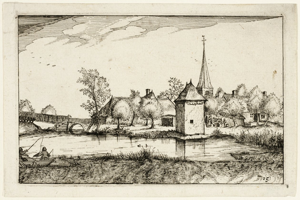 Estanque y aldea, lámina quince después de Cuadros de granjas, casas de campo y aldeas rústicas (Praediorum villarum et rusticarum casularum icones) de Claes Jansz. Visscher II