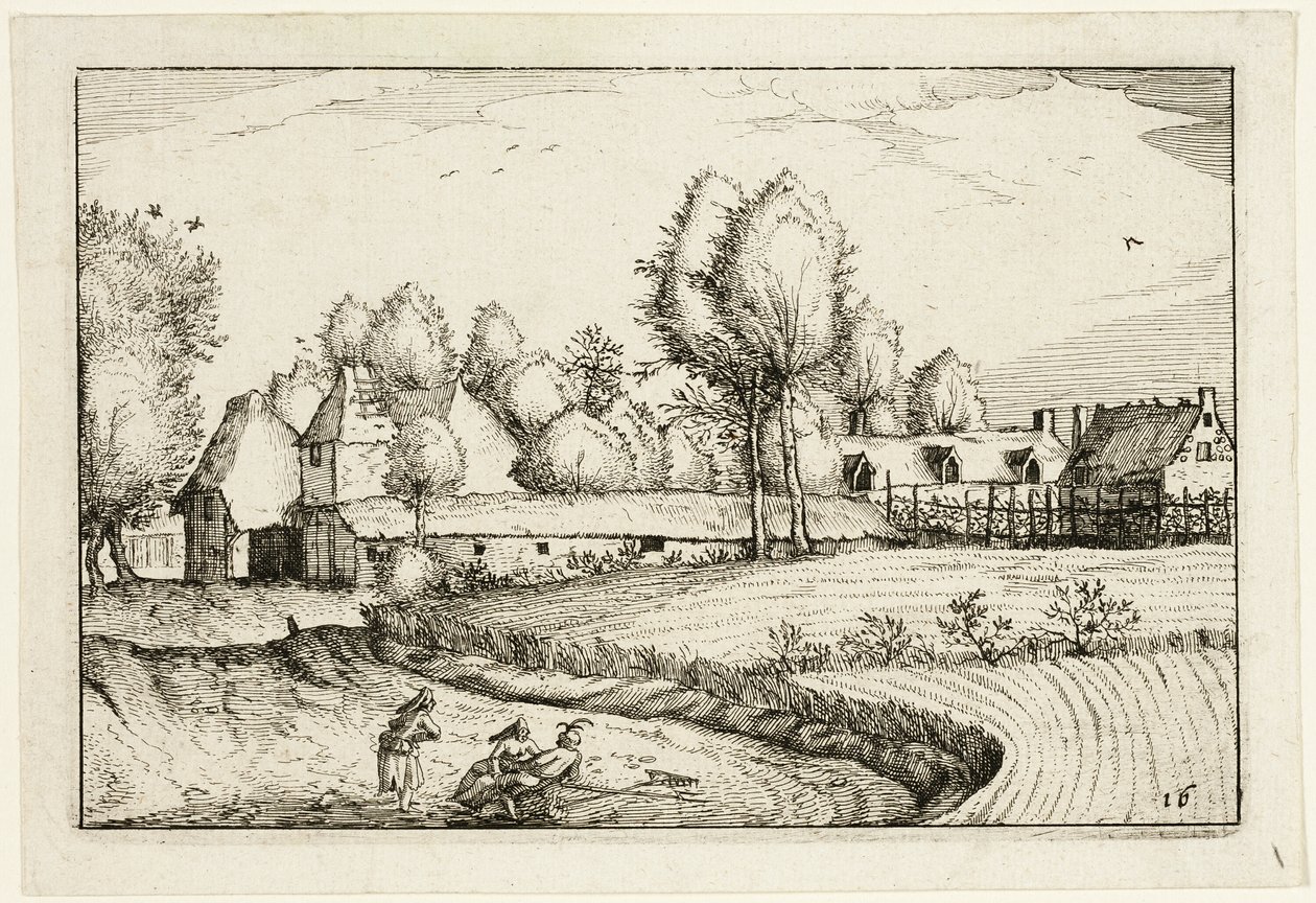 Camino a lo largo de un campo, lámina dieciséis después de Cuadros de granjas, casas de campo y aldeas rústicas (Praediorum villarum et rusticarum casularum icones) de Claes Jansz. Visscher II