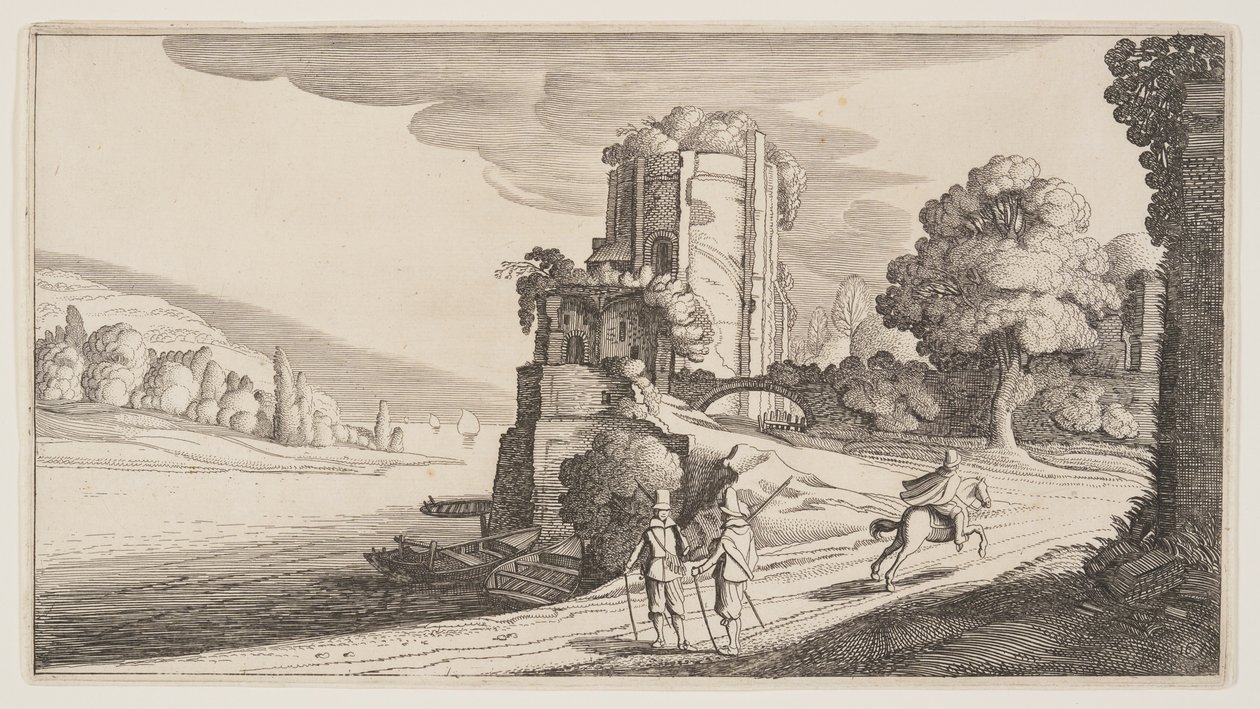 Torre redonda sobre un río, de Paisajes (Playsante Lantschappen) de Claes Jansz. Visscher II