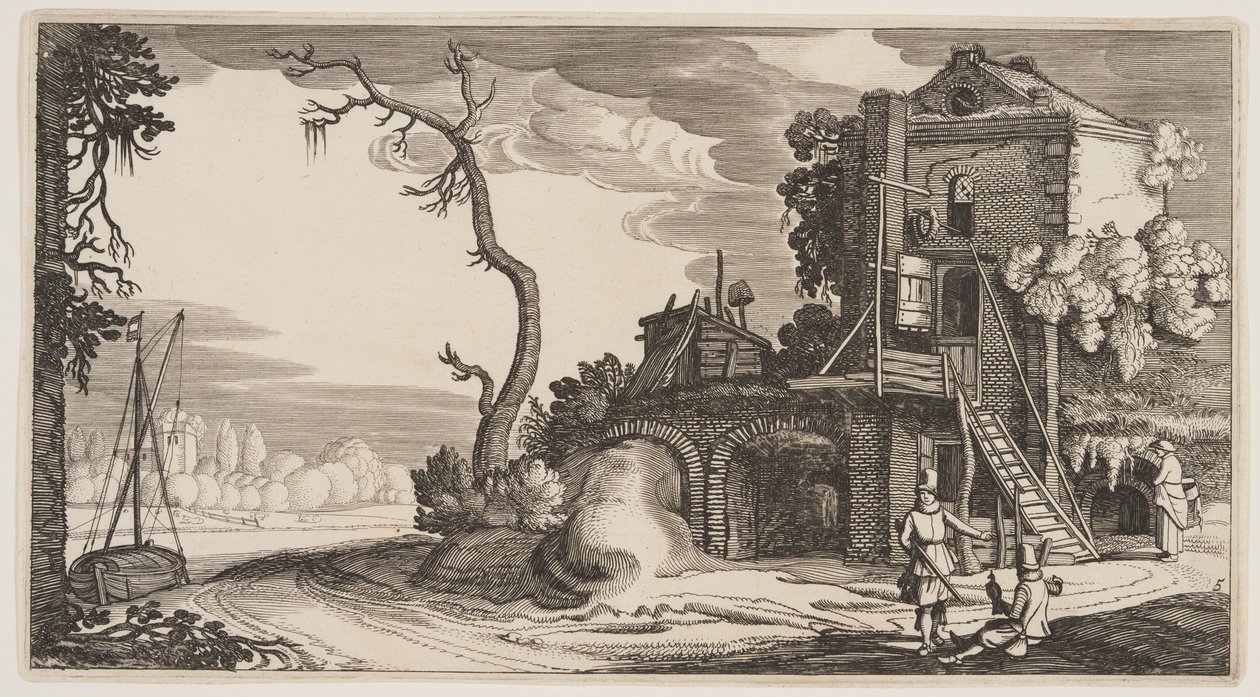 Torre cuadrada utilizada como posada cerca de un río, de Paisajes (Playsante Lantschappen) de Claes Jansz. Visscher II
