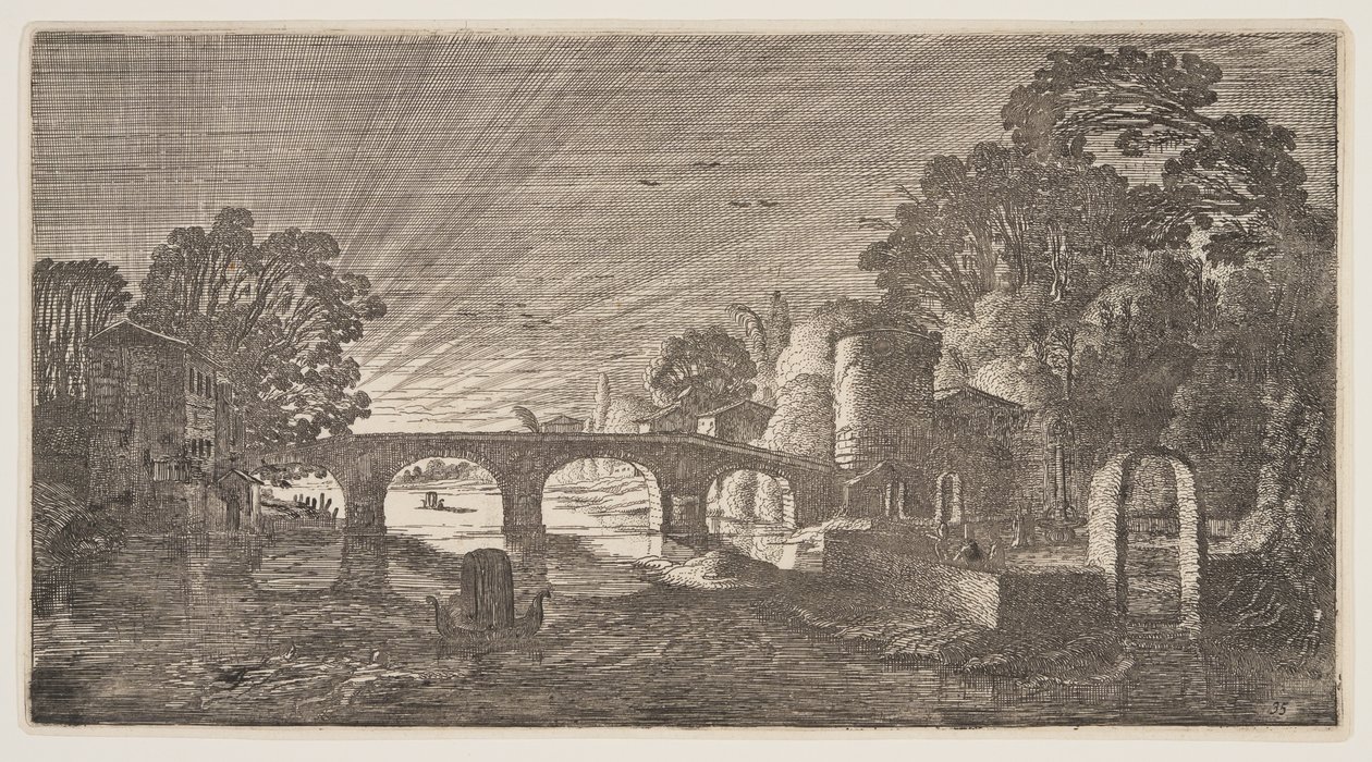 Puesta de sol sobre un río, de Paisajes (Playsante Lantschappen) de Claes Jansz. Visscher II