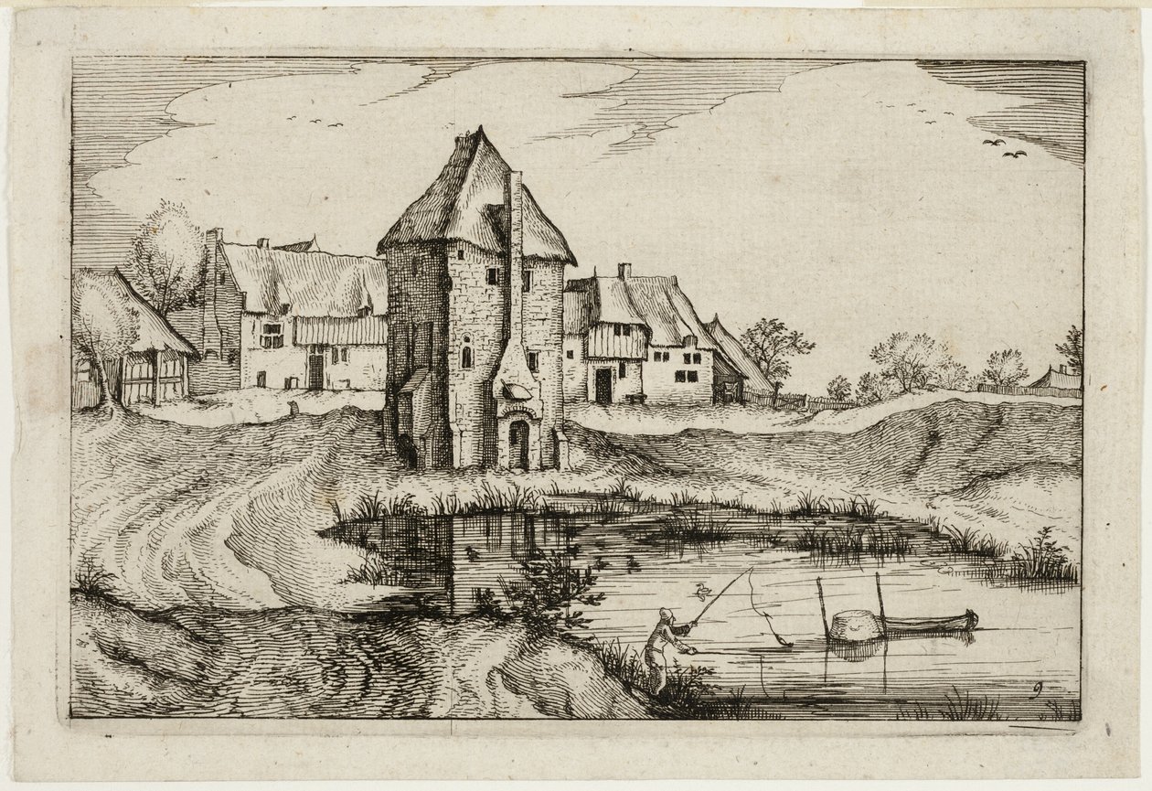 El estanque, lámina nueve después de Cuadros de granjas, casas de campo y aldeas rústicas (Praediorum villarum et rusticarum casularum icones) de Claes Jansz. Visscher II
