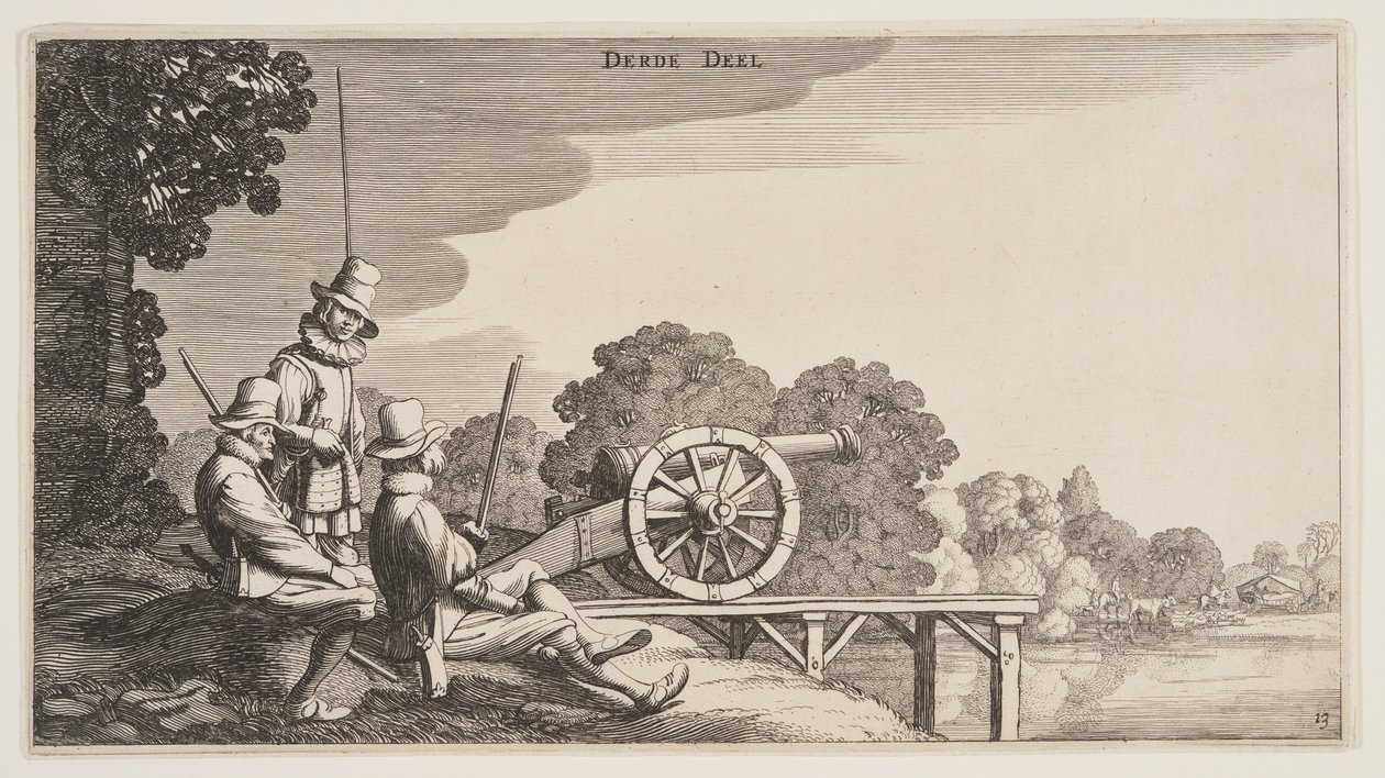 Los tres artilleros, de Paisajes (Playsante Lantschappen) de Claes Jansz. Visscher II