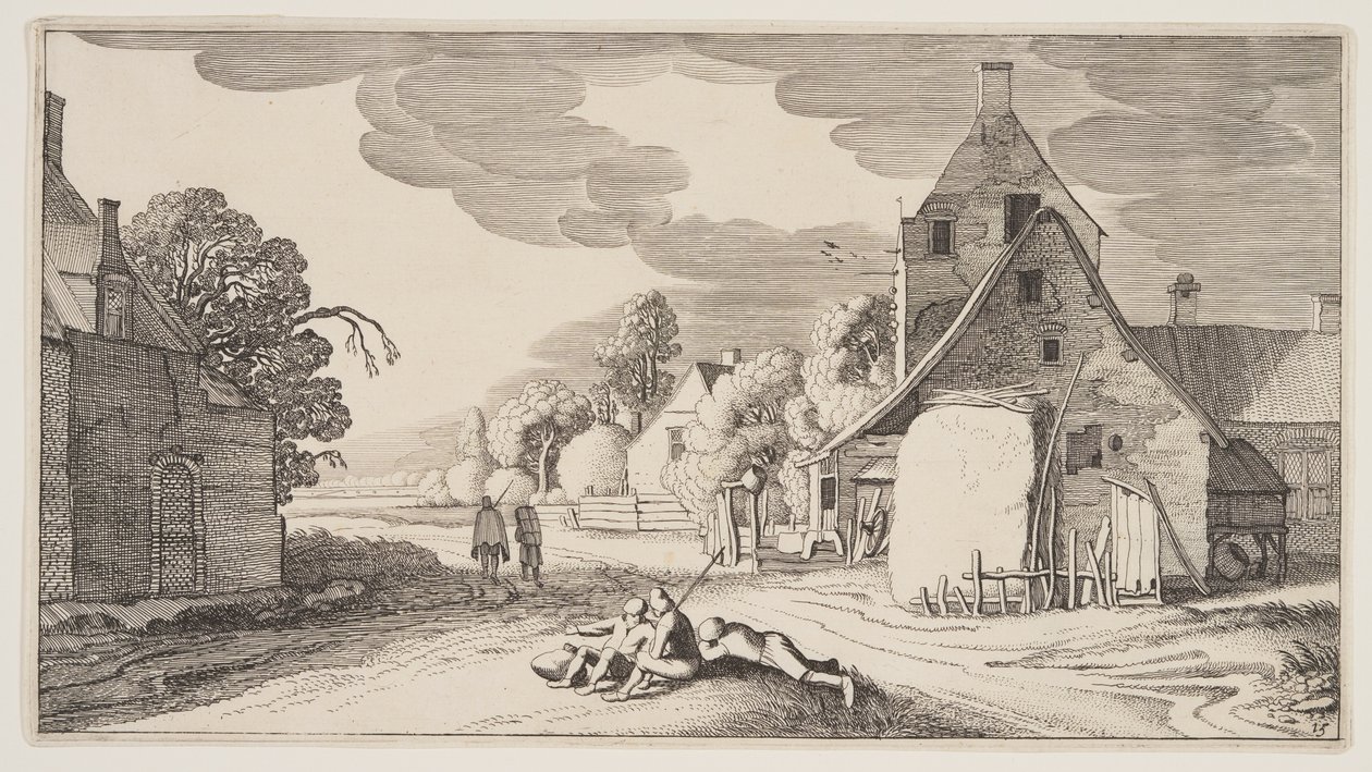 Tres campesinos descansando en una encrucijada de un pueblo, de Paisajes (Playsante Lantschappen) de Claes Jansz. Visscher II