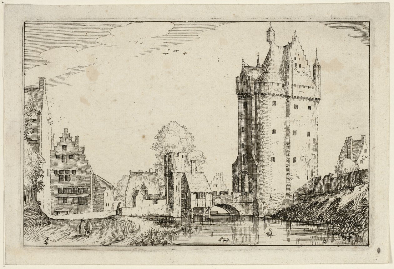 Puerta de la ciudad, lámina dos después de Cuadros de granjas, casas de campo y aldeas rústicas (Praediorum villarum et rusticarum casularum icones) de Claes Jansz. Visscher II