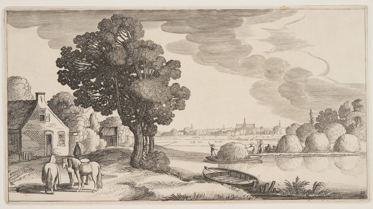 Transporte de heno en un río, de Paisajes (Playsante Lantschappen) de Claes Jansz. Visscher II