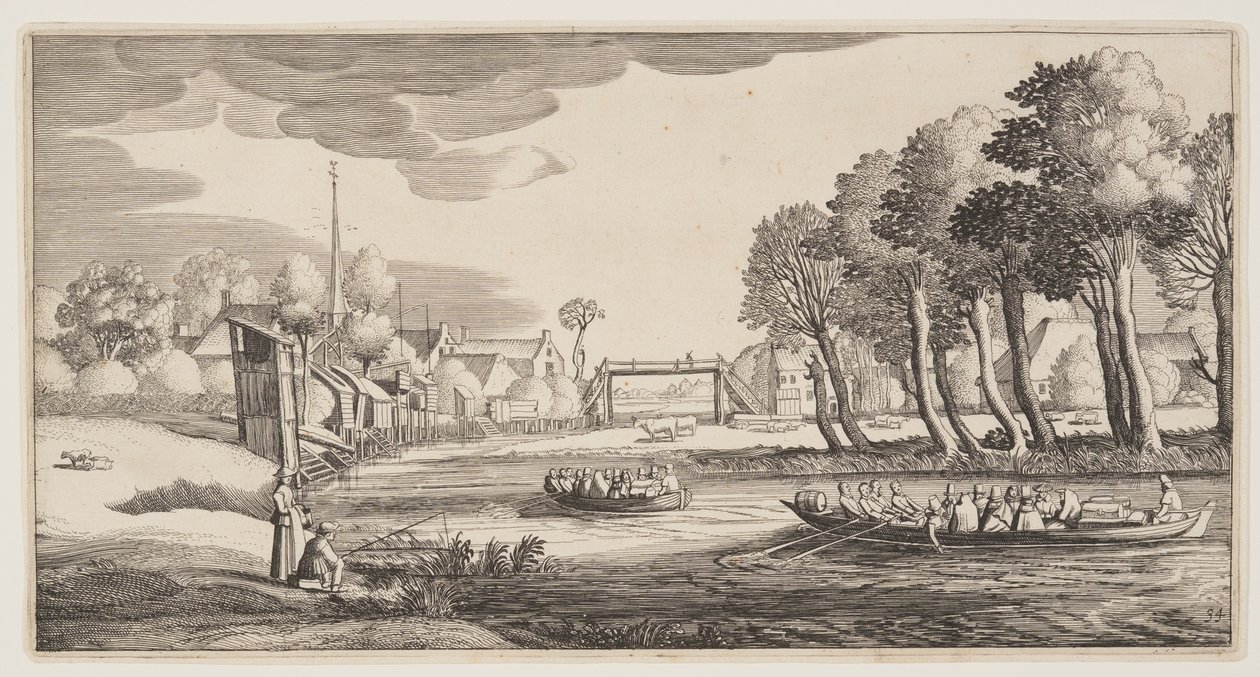 Viajeros en barcas de remos acercándose a un pueblo, de Paisajes (Playsante Lantschappen) de Claes Jansz. Visscher II