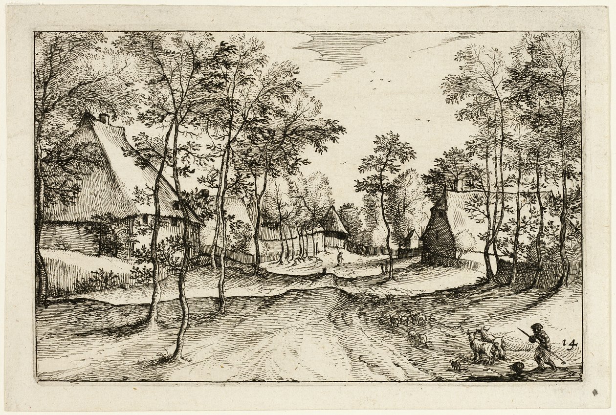 Village Road, lámina catorce después de Cuadros de granjas, casas de campo y aldeas rústicas (Praediorum villarum et rusticarum casularum icones) de Claes Jansz. Visscher II