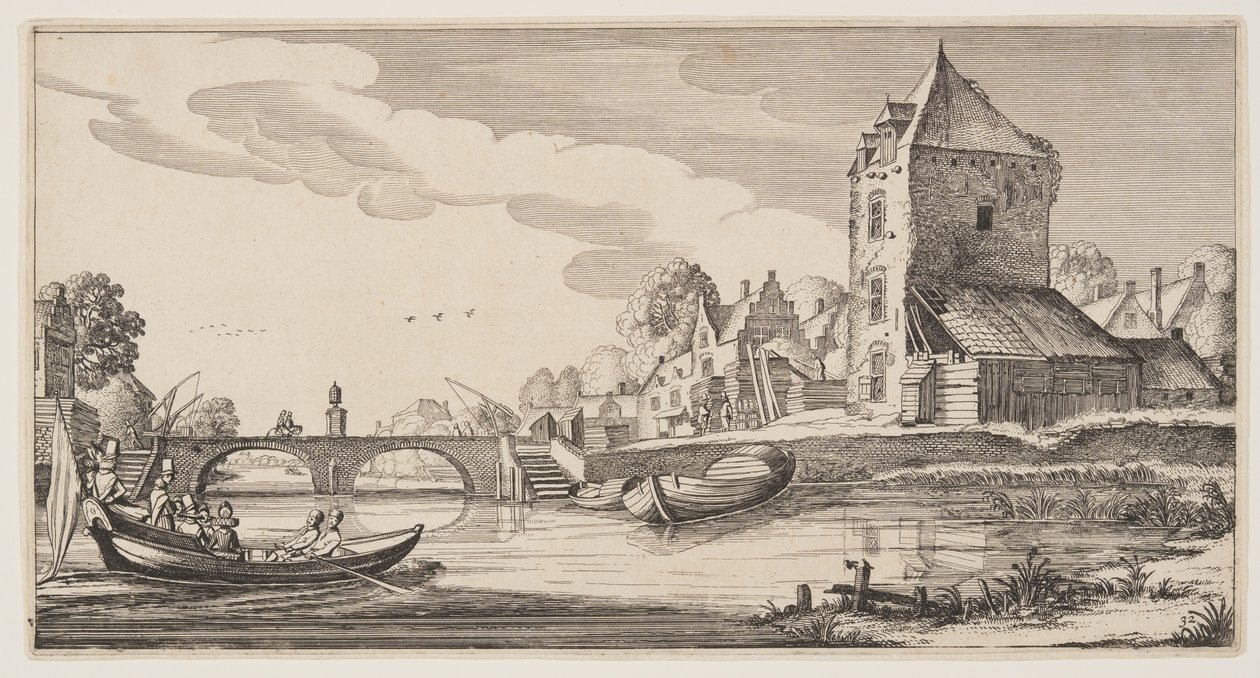 Aldea sobre un río, de Paisajes (Playsante Lantschappen) de Claes Jansz. Visscher II