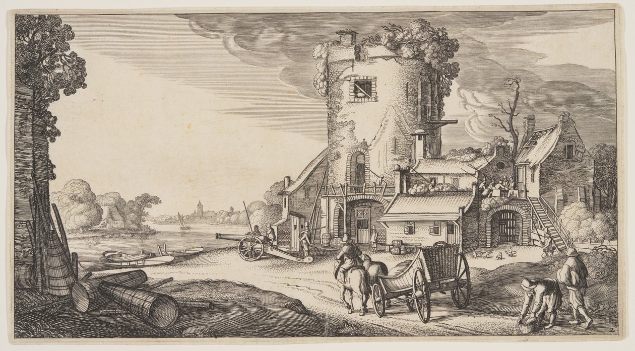 Torre de vigilancia cerca de un río, de Paisajes (Playsante Lantschappen) de Claes Jansz. Visscher II