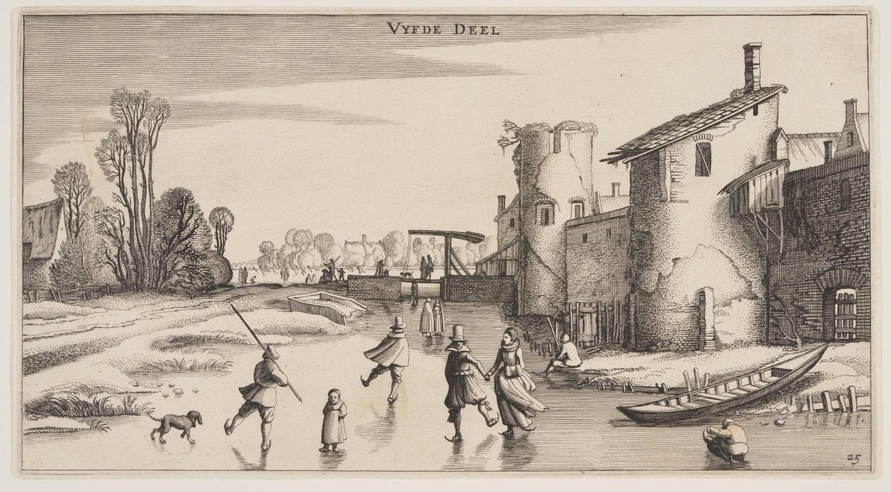 Paisaje invernal con patinadores a lo largo de una muralla, de Paisajes (Playsante Lantschappen) de Claes Jansz. Visscher II