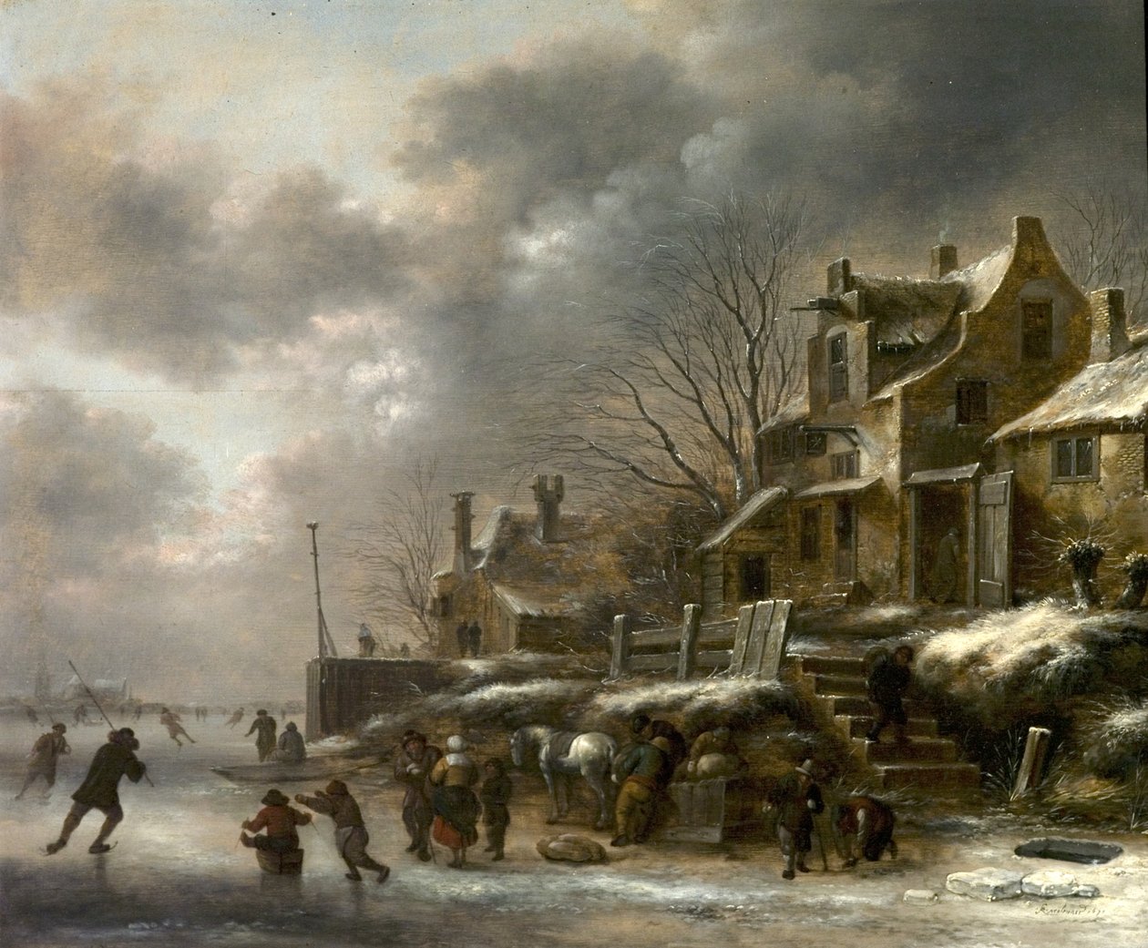 Escena de invierno, río con figuras patinando, 1671 de Claes Molenaer