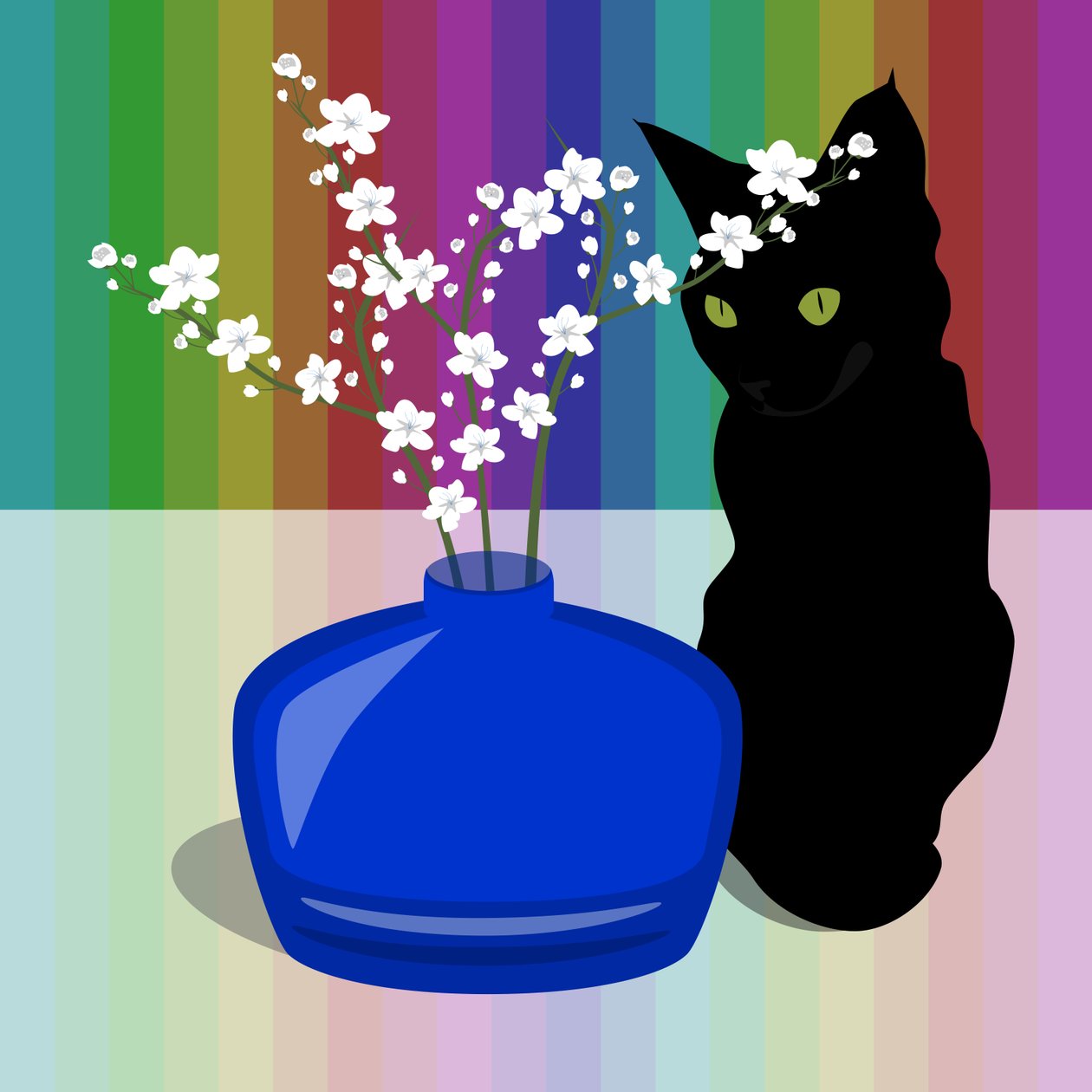 Jarrón de vidrio azul con flores y gato negro de Claire Huntley