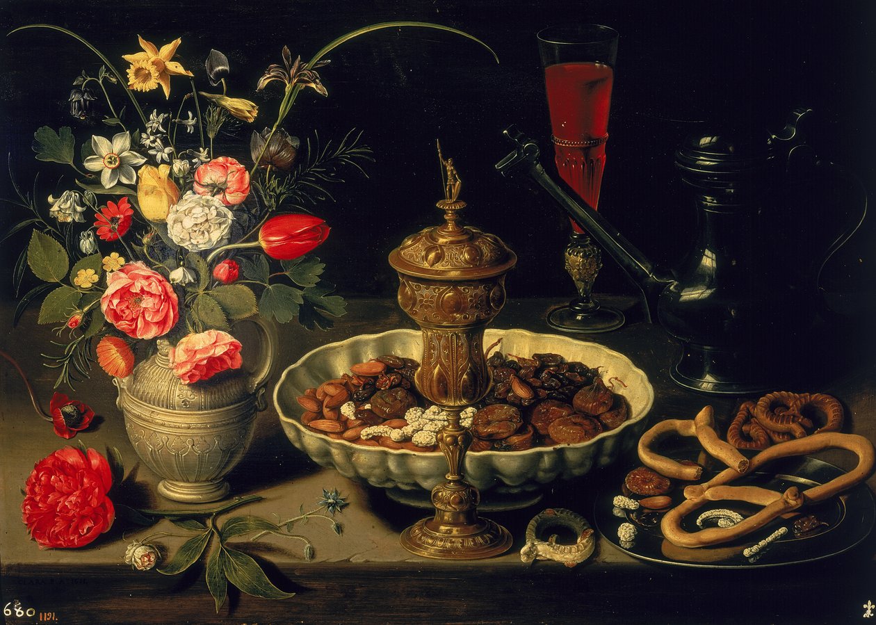 Naturaleza muerta de flores y frutas secas, 1611 de Charlotte Evans