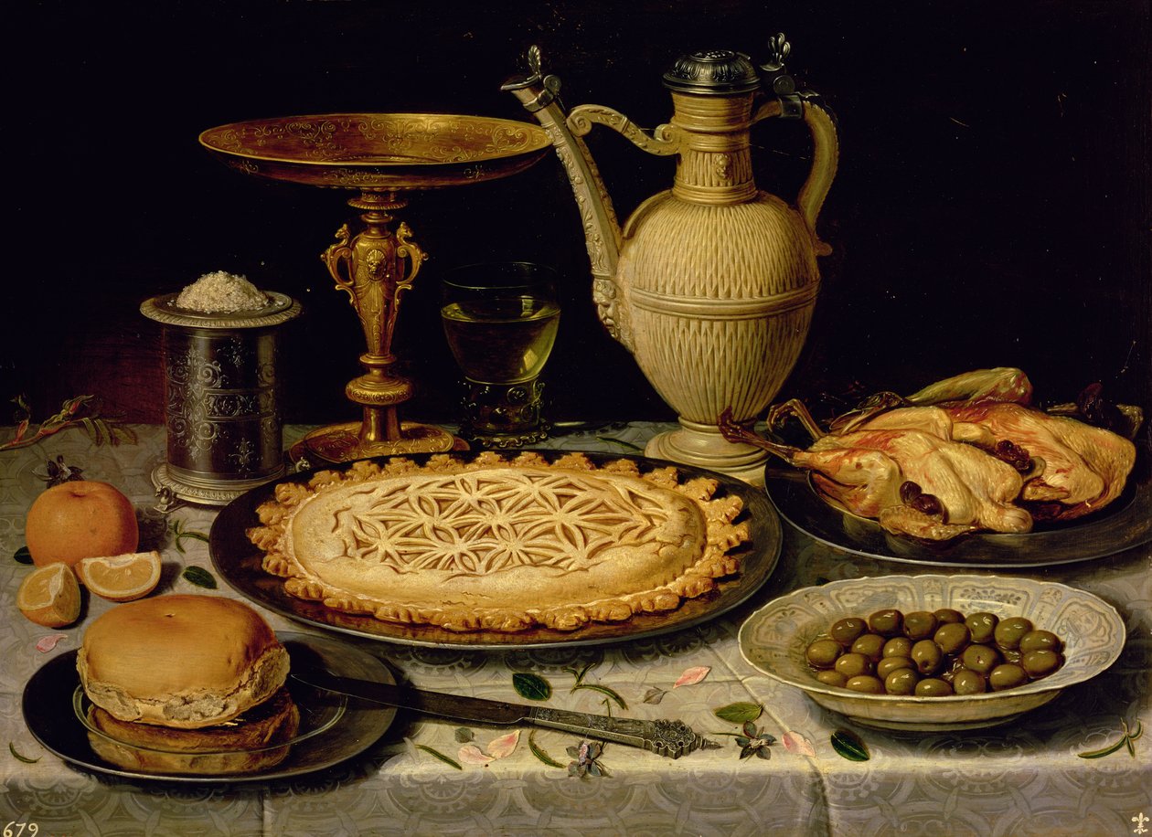 Naturaleza muerta con una tarta, pollo asado, pan, arroz y aceitunas de Charlotte Evans
