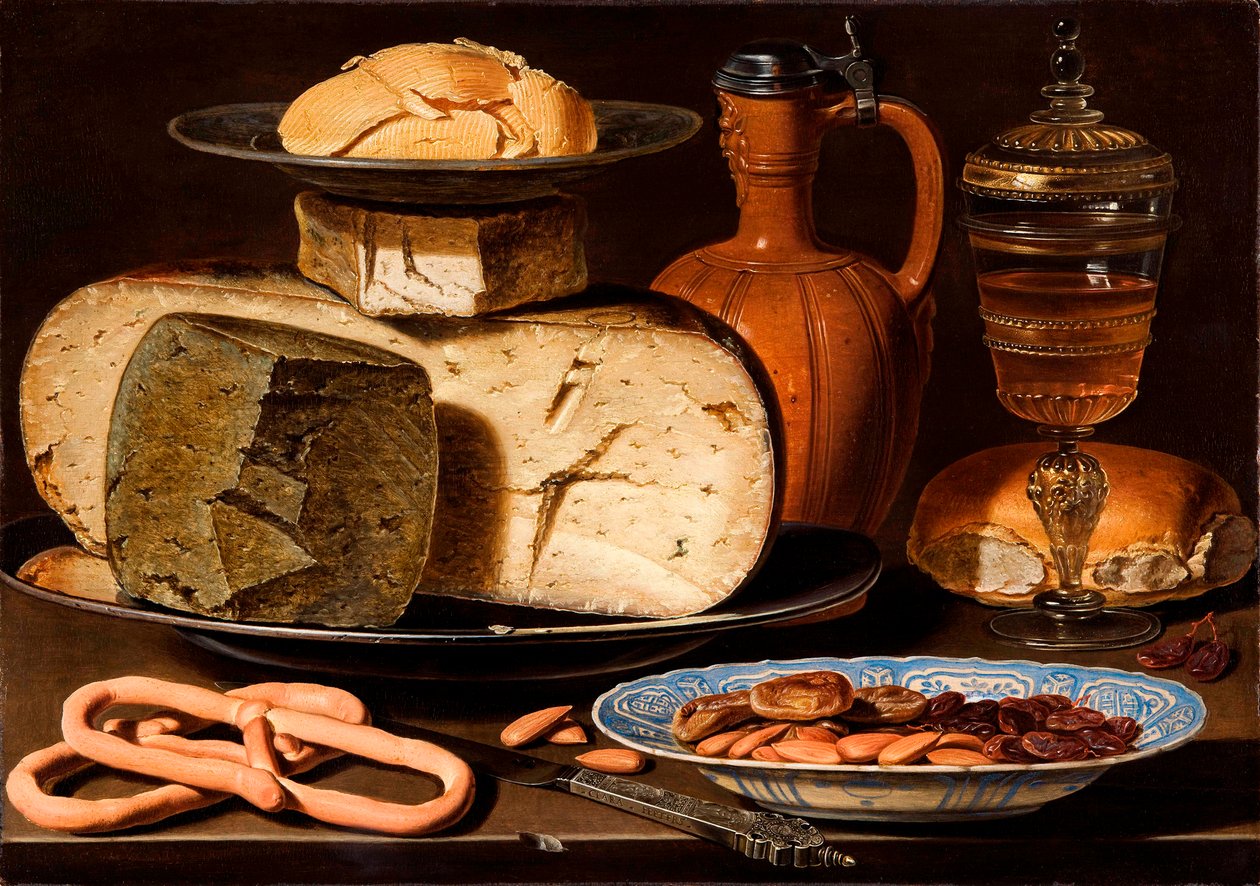 Holandés: Bodegón con quesos, almendras y pretzels Bodegón con quesos, almendras y pretzels de Clara Peeters