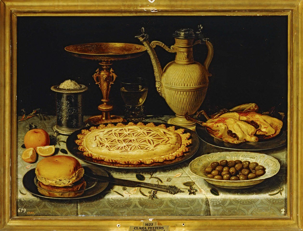 Bodegón - Comida con pollo asado, pan y aceitunas ... de Clara Peeters