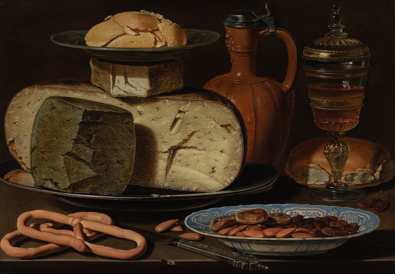Bodegón con quesos, almendras y pretzels de Charlotte Evans