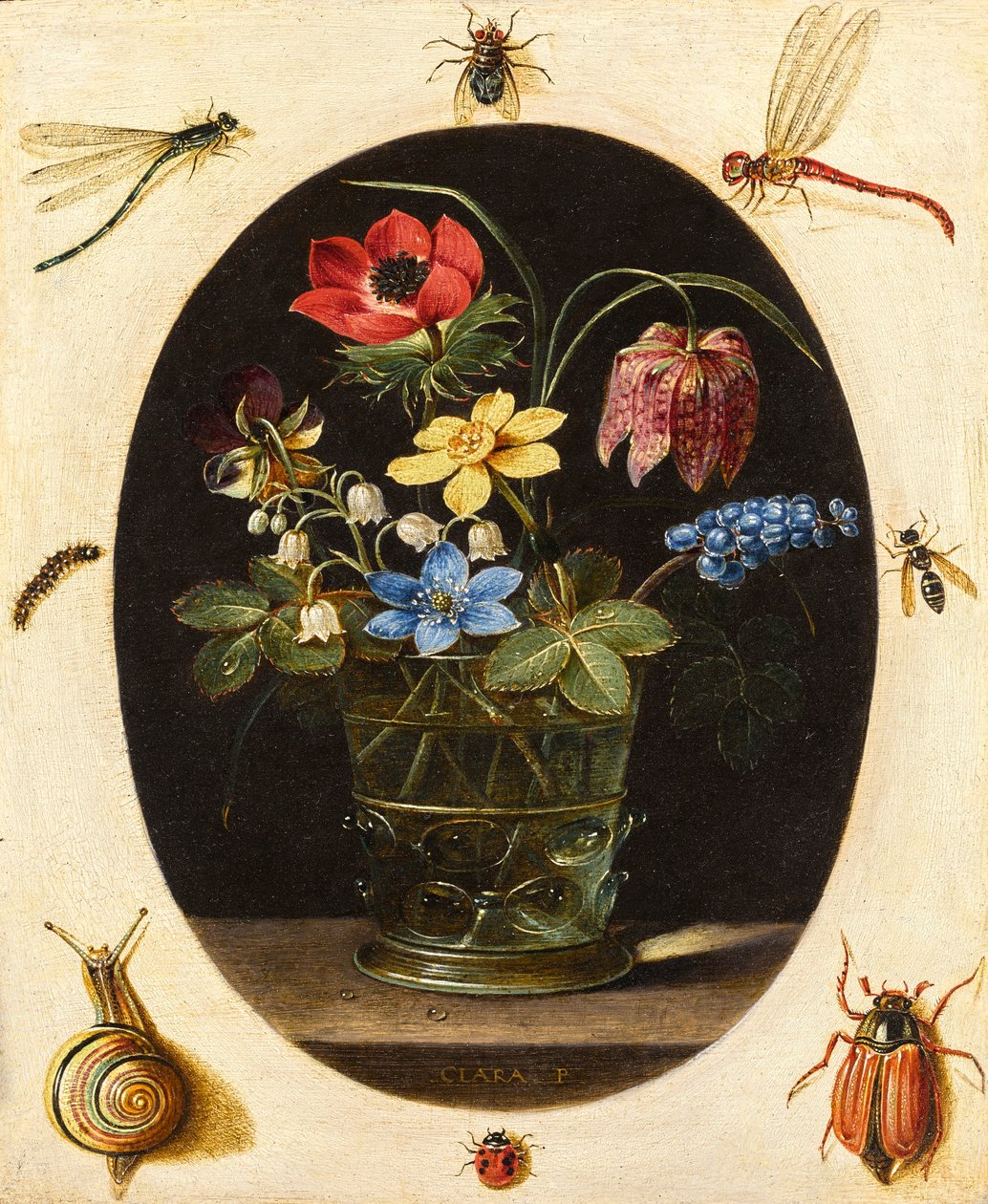 Bodegón con flores rodeadas de insectos y un caracol de Clara Peeters