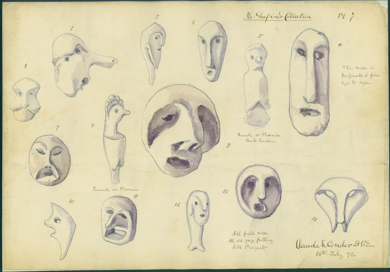 Ídolos de la Colección del Sr. Shapira, lámina 7, 1872 de Claude Conder