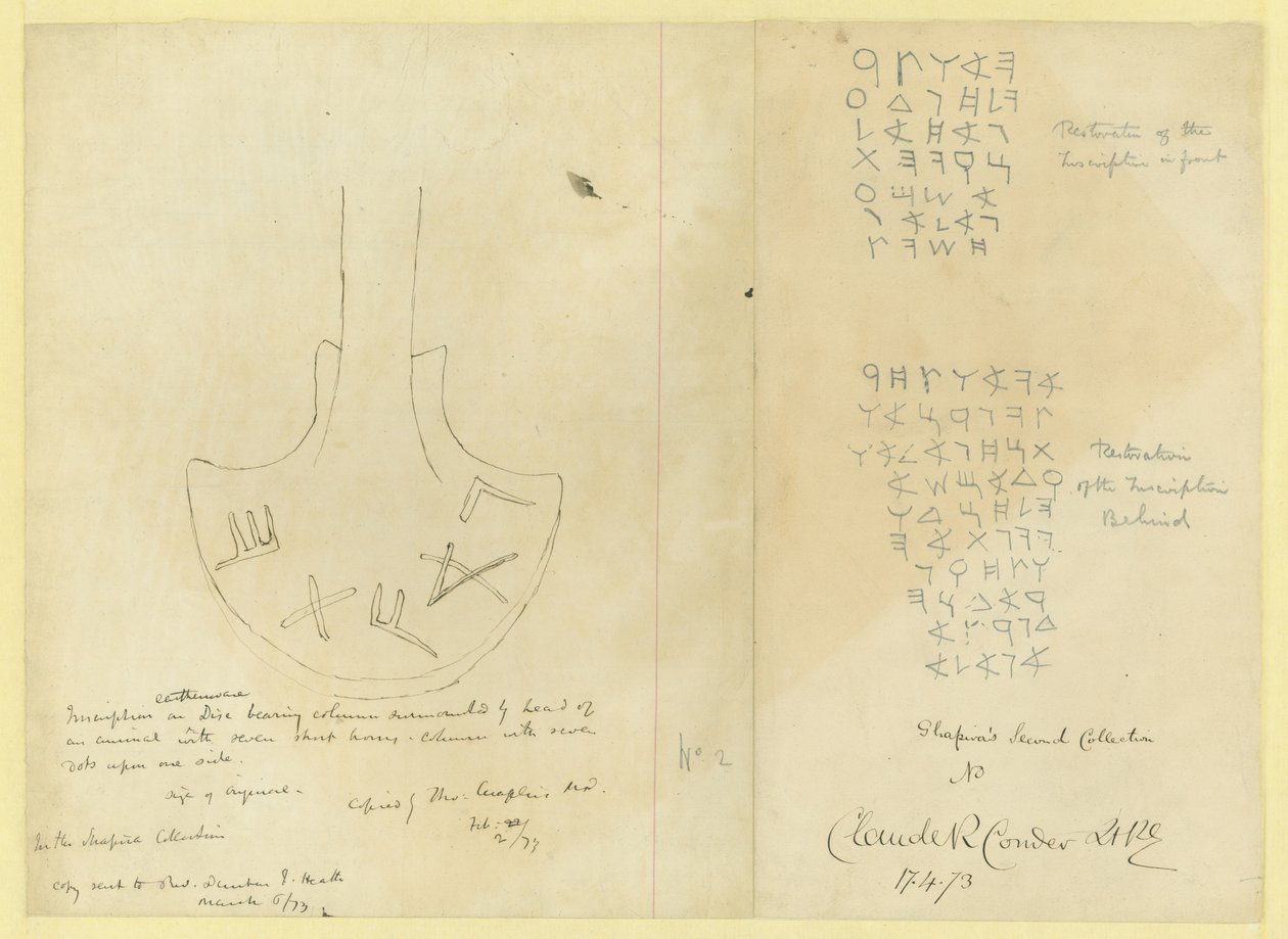 Inscripción en un disco de barro de la 2ª colección de Shapira, 1873 de Claude Conder