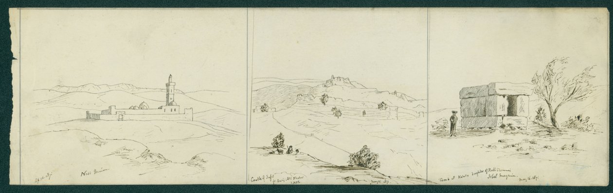 De izquierda a derecha: Nebi Musa, Castillo de Safet y Tumba de Kalata, 1871 de Claude Conder