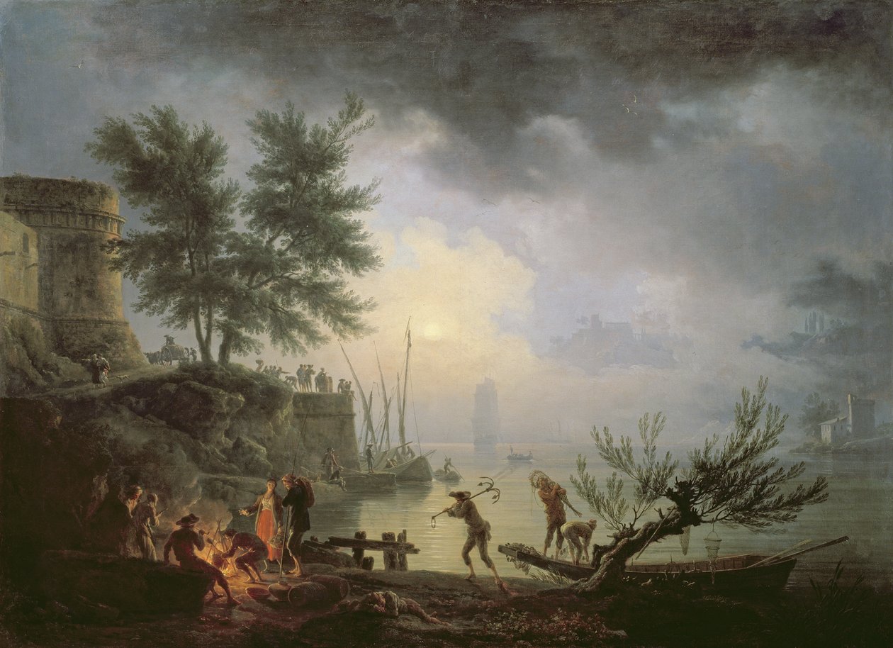 Amanecer, una escena costera con figuras alrededor de un fuego, 1760 de Claude Joseph Vernet