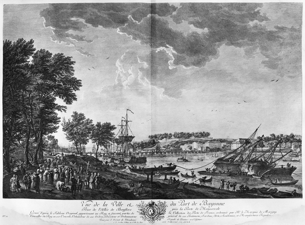 Vista de la ciudad y puerto de Bayona vista desde la avenida de Bouflers cerca de la puerta de Mousserole, serie de 