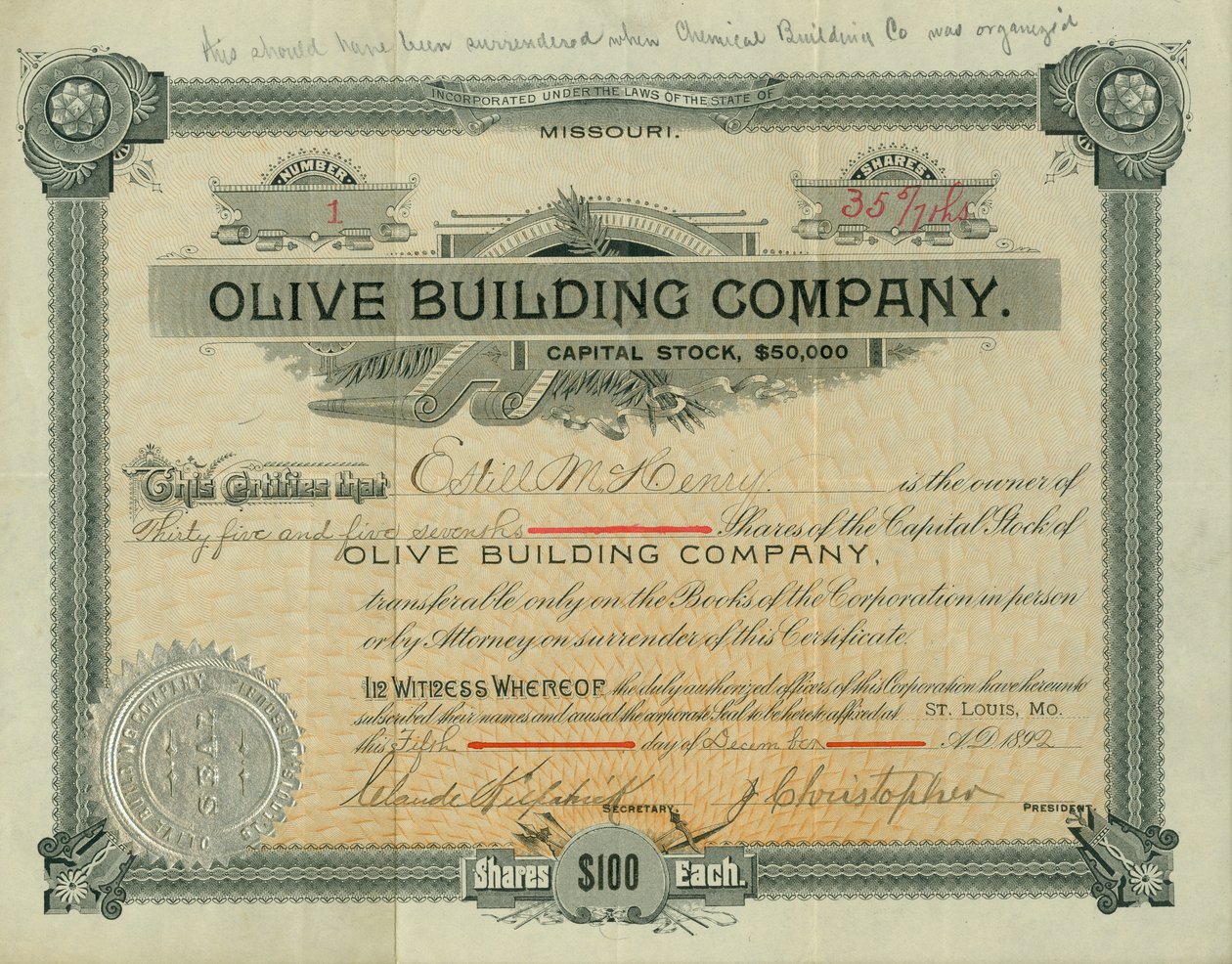 Certificado de acciones de Olive Street Building Company emitido a Estill M. Henry, 5 de diciembre de 1892 de Claude Kirkpatrick