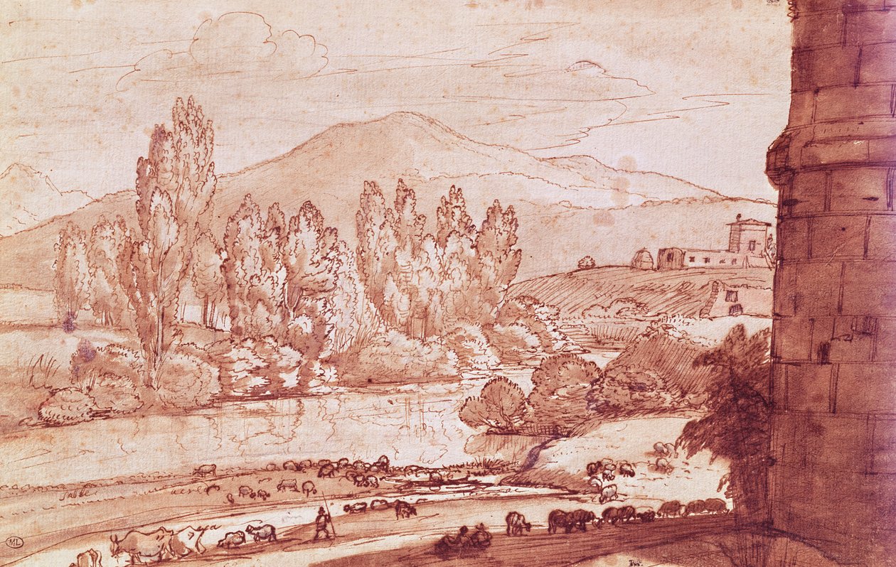 Paisaje con un río, un rebaño de ganado y un pastor de Claude Lorrain