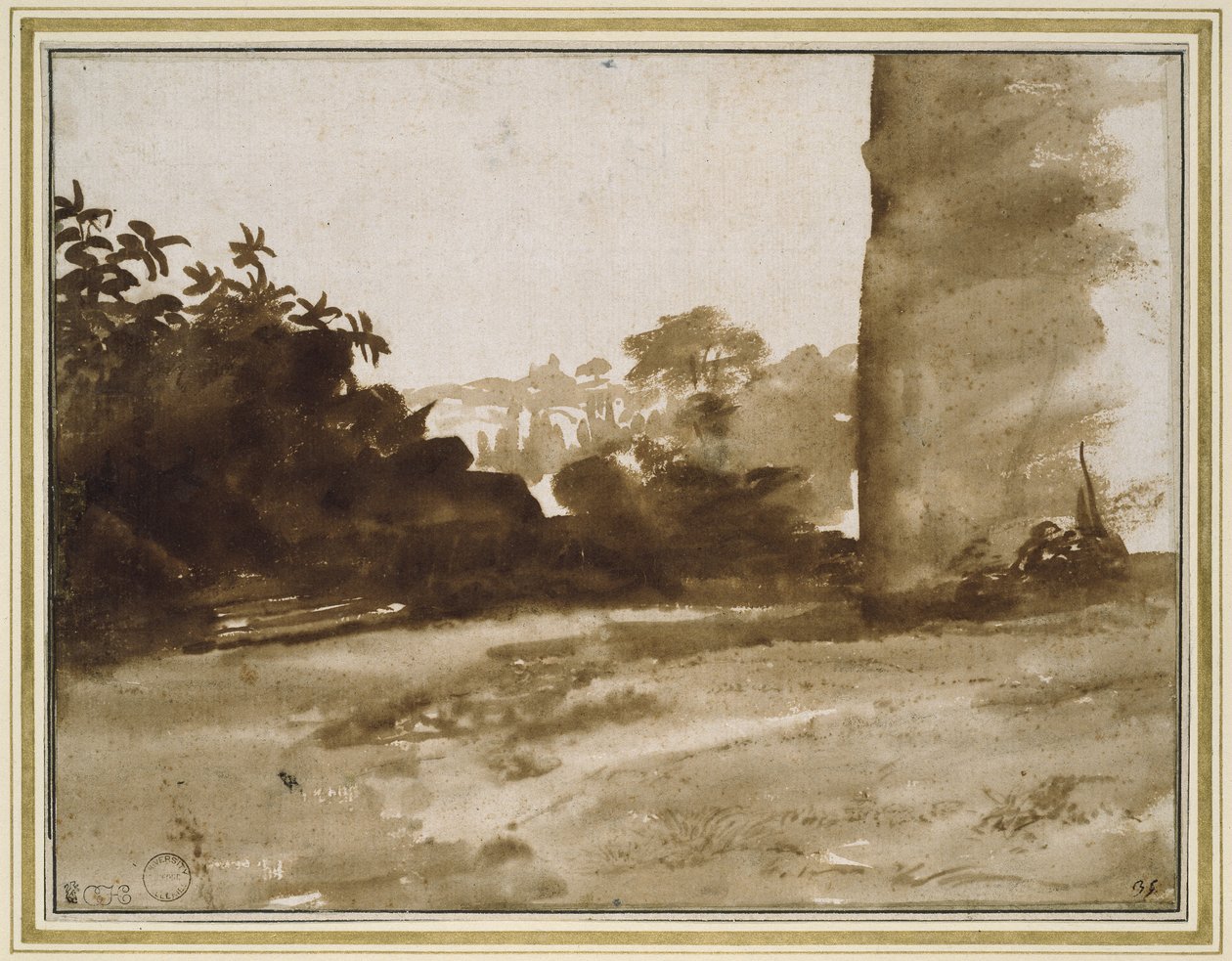 Vista de arbustos con un muro a la derecha, c.1640 de Claude Lorrain