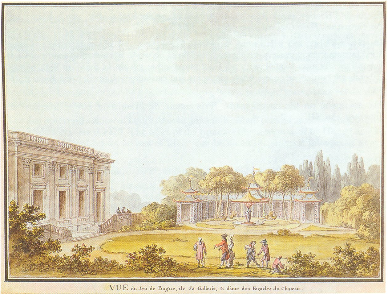Vista del Juego de Bague, de la galería y de una de las fachadas del Castillo de Claude Louis Chatelet