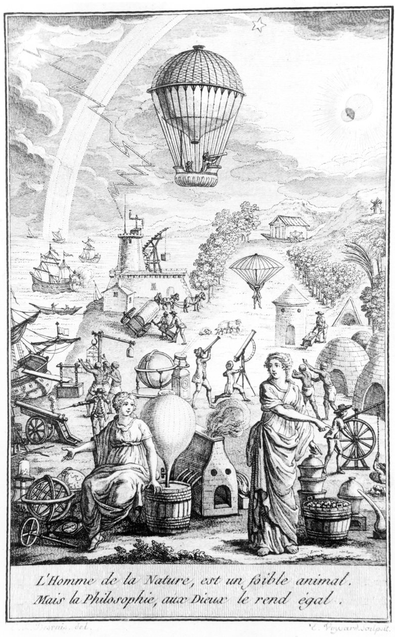 Alegoría hecha durante el período de la revolución francesa ilustrando los beneficios para la humanidad de los descubrimientos técnicos y científicos de Claude Louis Desrais
