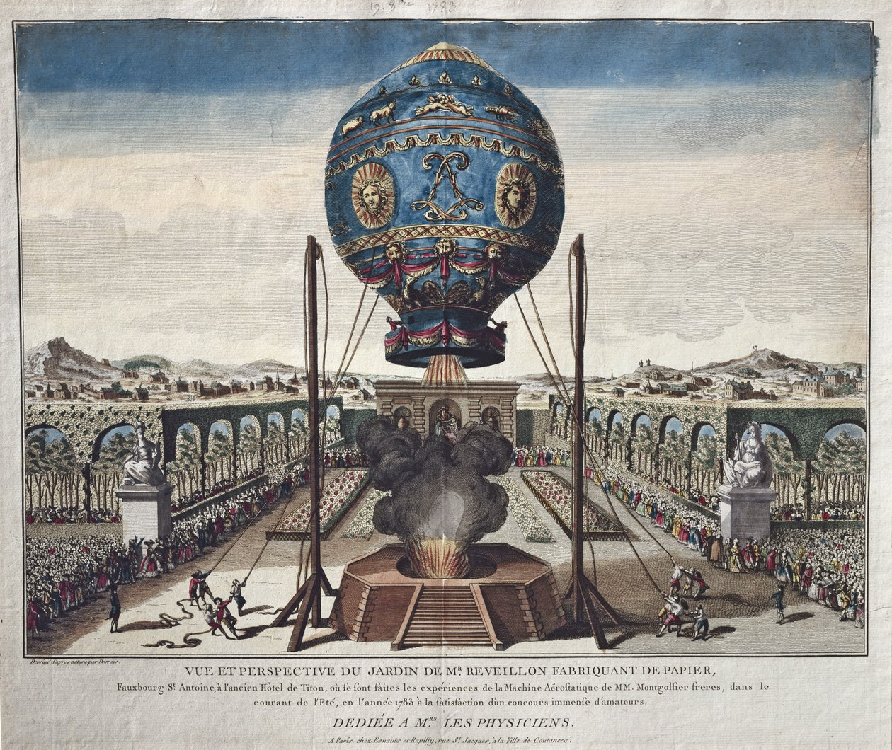 Vista del experimento del globo de los hermanos Montgolfier en el jardín de M. Reveillon el 19 de octubre de 1783 de Claude Louis Desrais