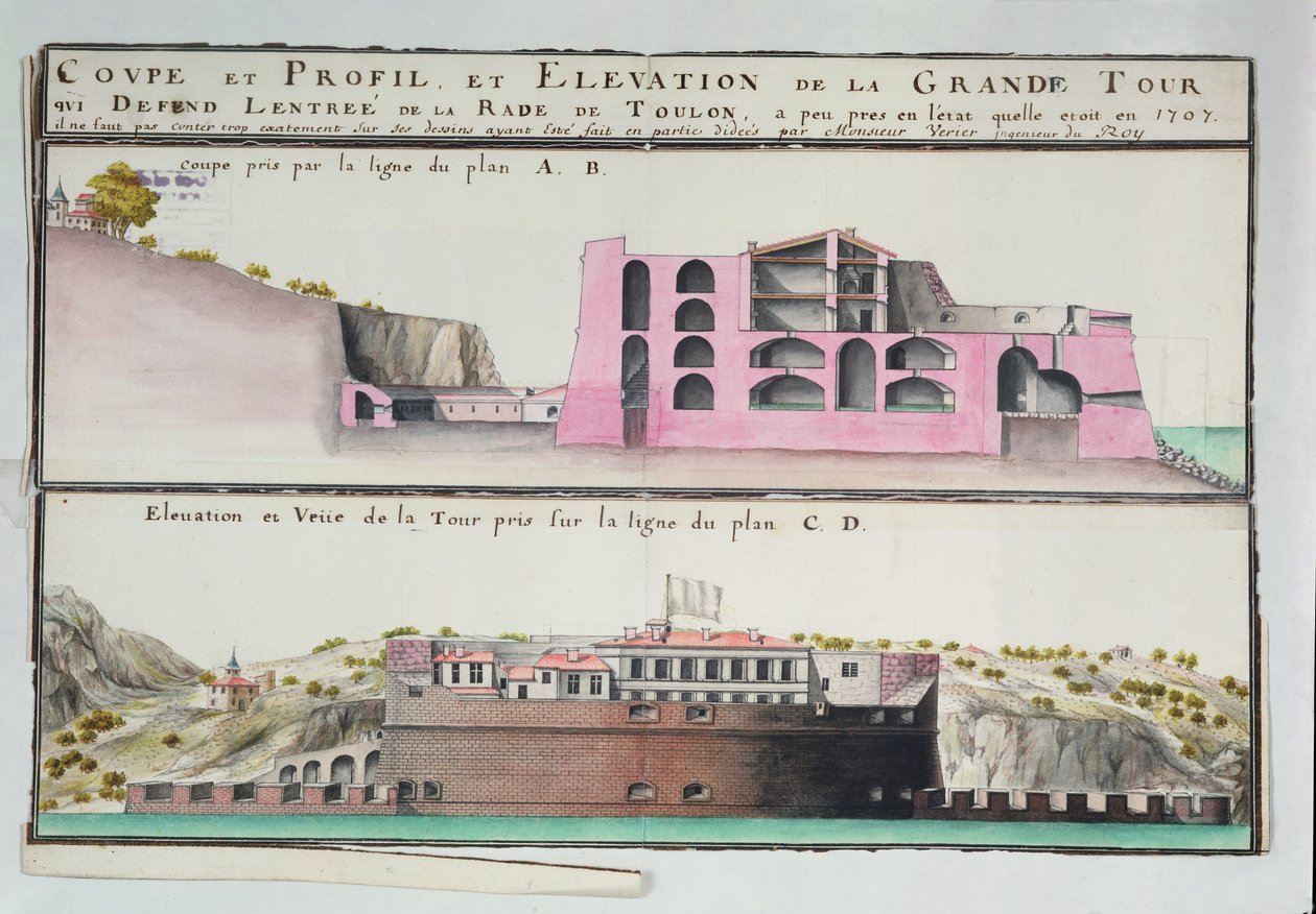 Ms 508131 K fol.107 Sección transversal y elevación de la torre del puerto en Toulon, de 