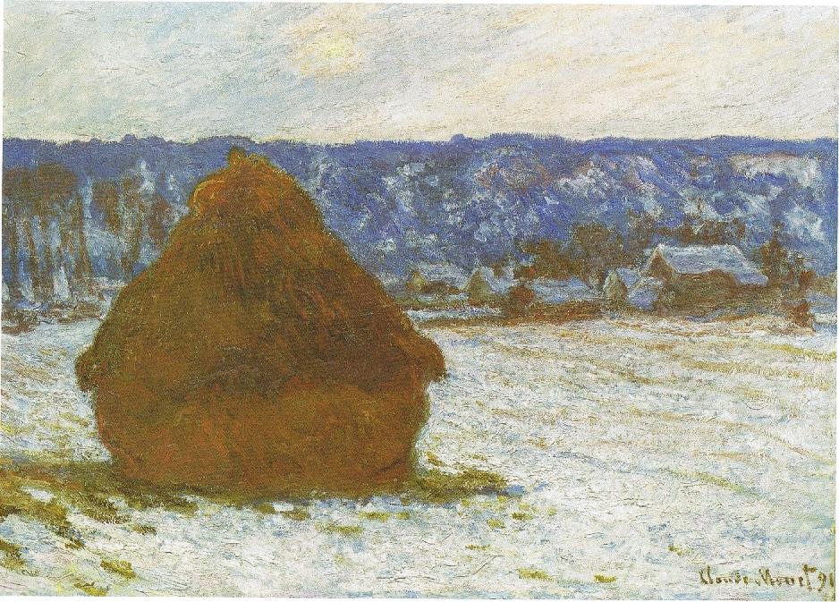 Montón de trigo, efecto de nieve, día nublado de Claude Monet