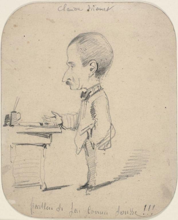 Caricatura de hombre de pie junto a un escritorio de Claude Monet