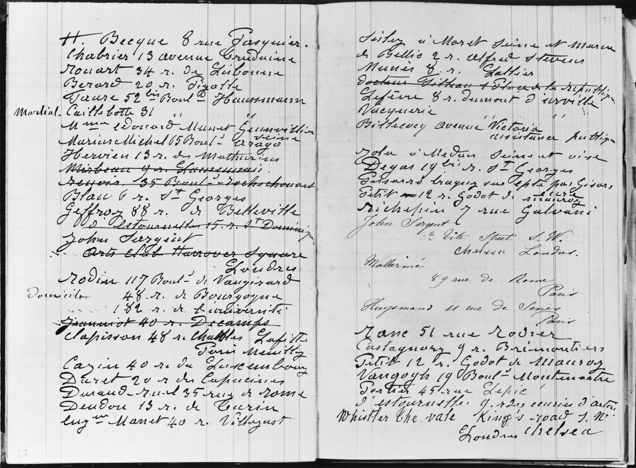 Páginas del libro de cuentas de Monet detallando nombres y direcciones de Claude Monet