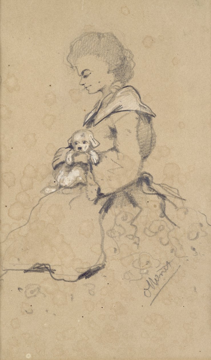 Mujer sosteniendo un perro pequeño, 1857 de Claude Monet