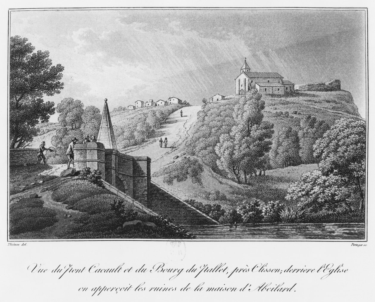 Vista del puente Cacault y el pueblo de Pallet, cerca de Clisson, ruinas de la casa de Abelardo, ilustración de 