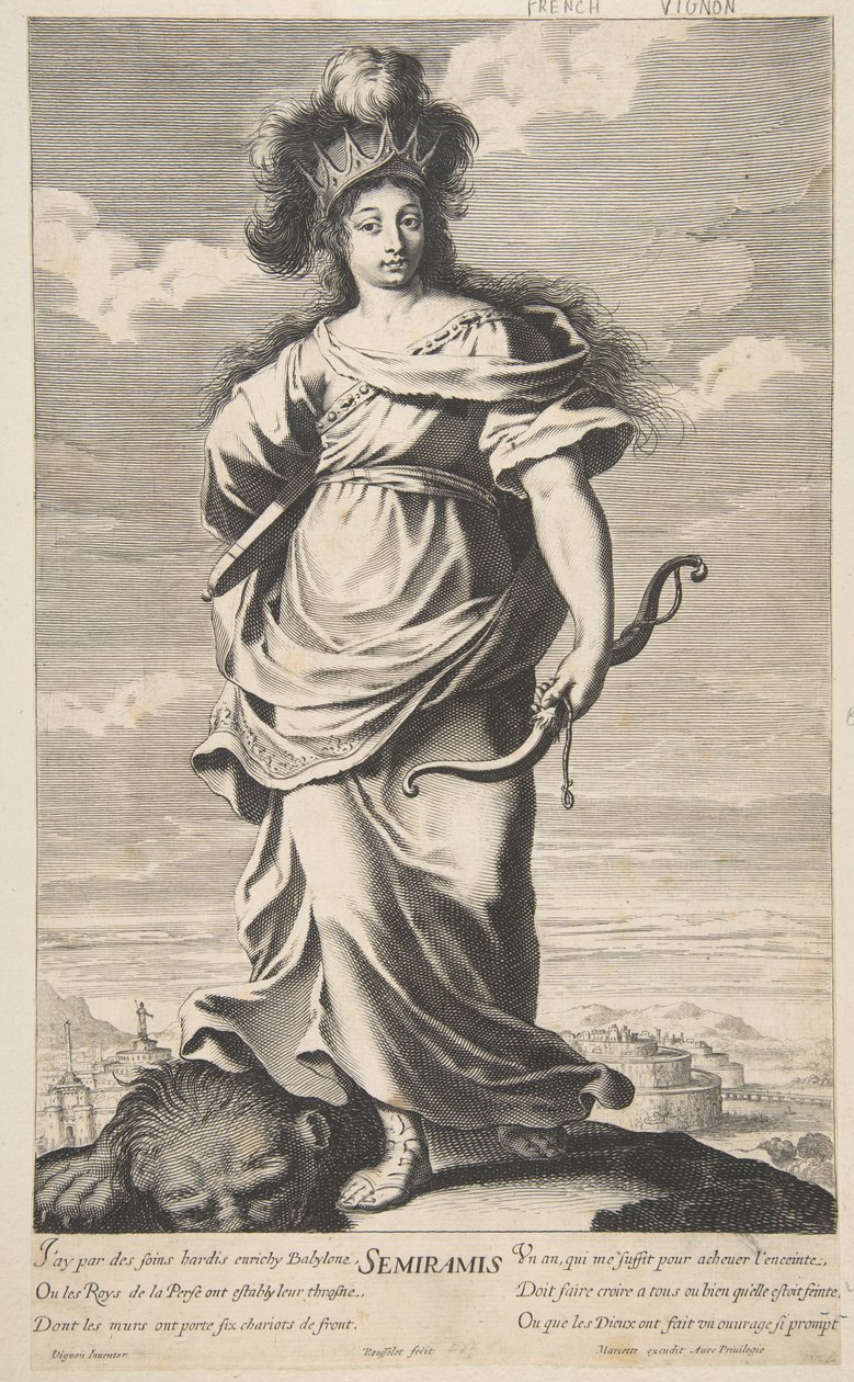 Semíramis de Las Siete Maravillas del Mundo, c.1639-40 (aguafuerte y grabado) de Claude (after) Vignon