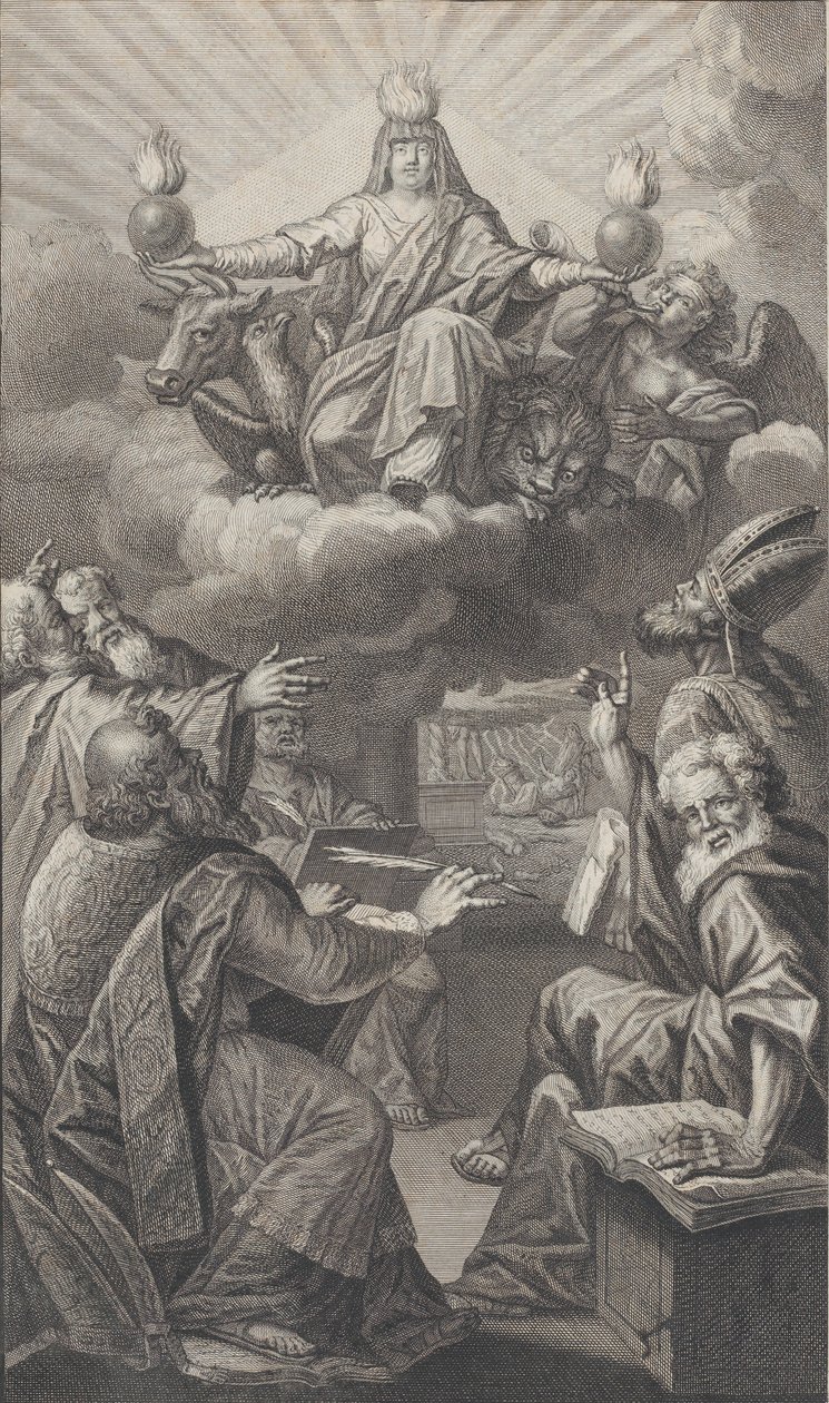 Figura alegórica apareciendo en las nubes mientras un grupo de hombres reunidos abajo miran hacia arriba, 1728 de Claude Augustin Duflos
