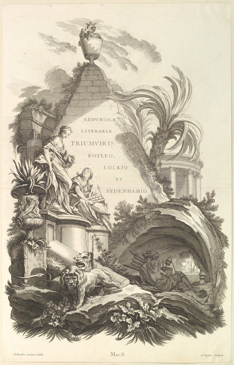 Frontispicio para la Tumba de Boyle, Locke y Sydenham, ca. 1736 de Claude Augustin Duflos
